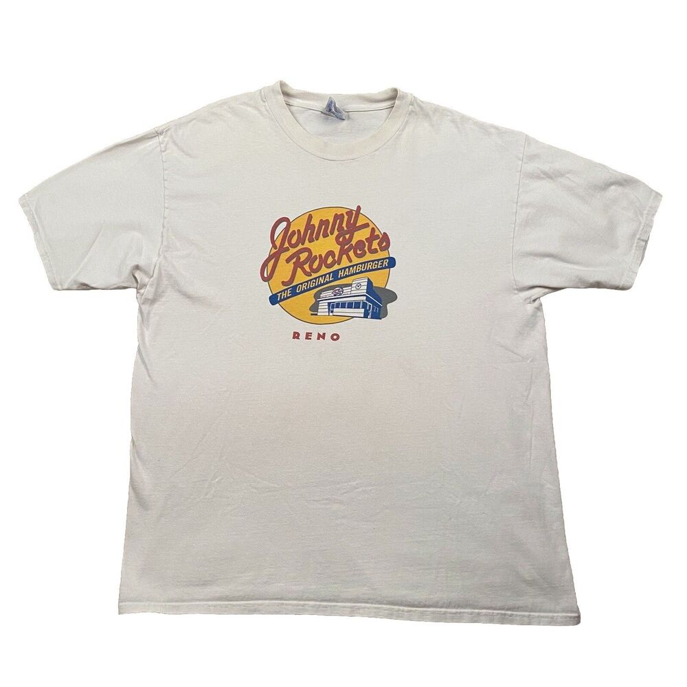 Hanes Beefy-T T-Shirt Mens XL White Reno Johnny Rockets Hamburgers Graphic Print